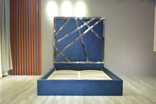 Load image into Gallery viewer, Great Queen Tall-Headboard Velvet Upholstered Bed in Blue, Gray and Black colors.